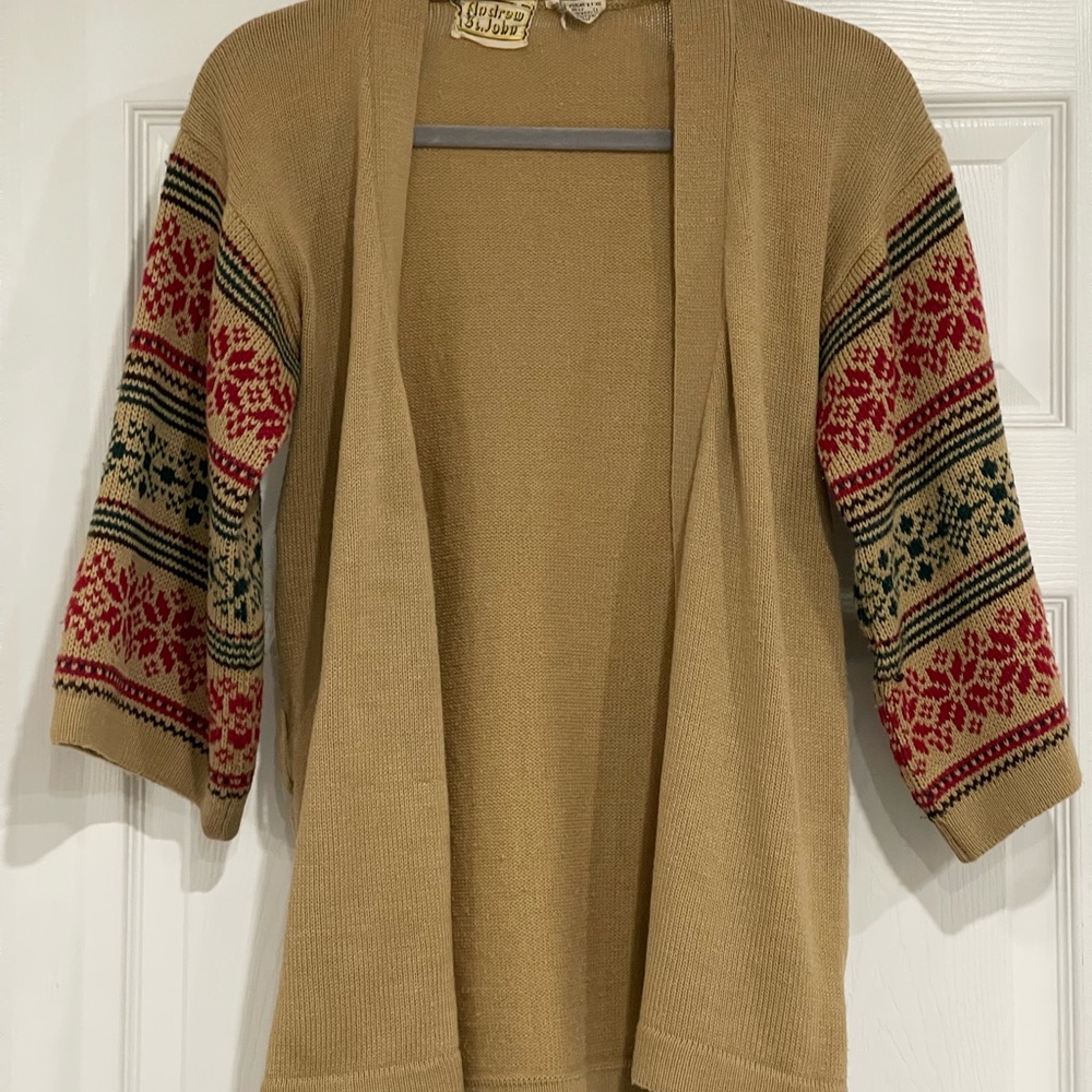 Cozy Tan Cardigan with Red and Green Patterns